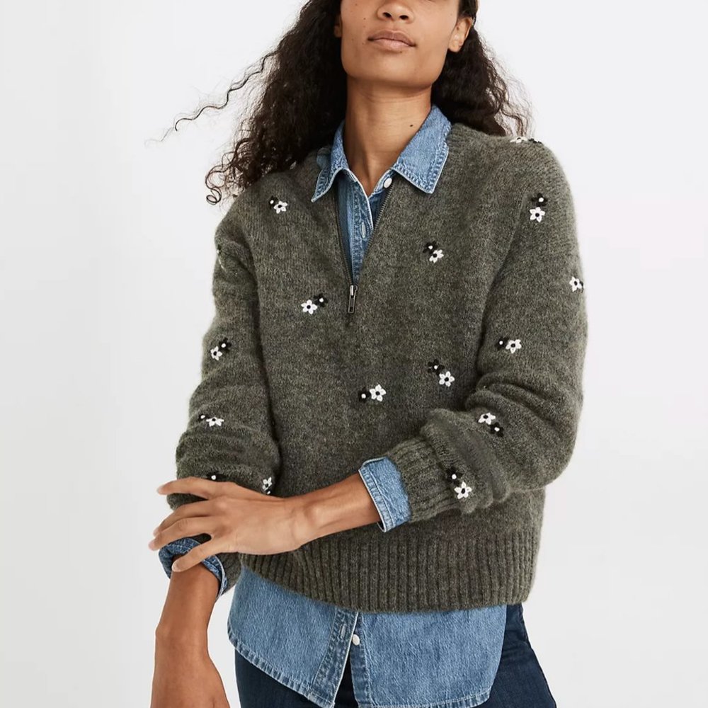 Madewell Gray Embroidered Enfield Half-Zip Sweater